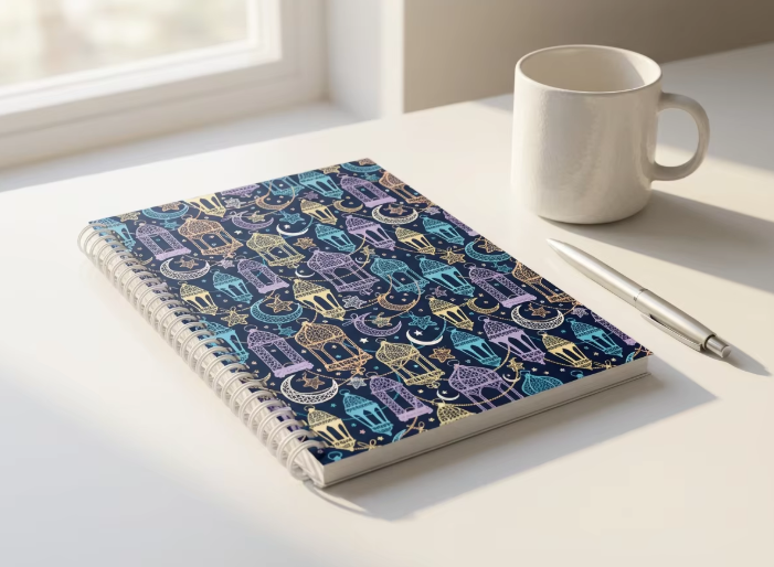 elegant notebook features plain lined pages and a captivating blue oriental pattern on the front and back covers