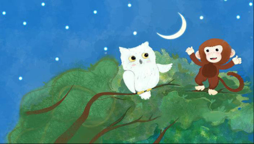 Cartoon owl and monkey on a branch with 'Ramadan Kareem!' text and call to action button.